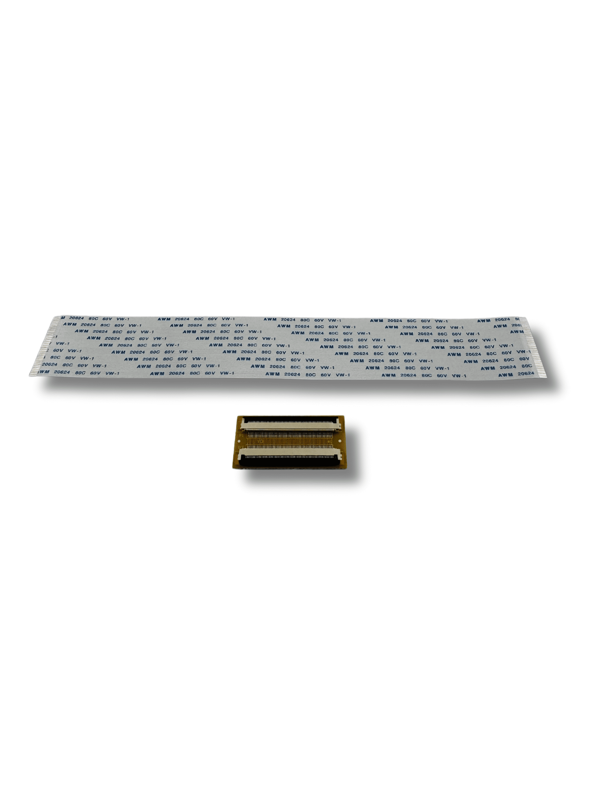 An electronic component alongside a strip of adhesive tape for mounting or connection purposes.