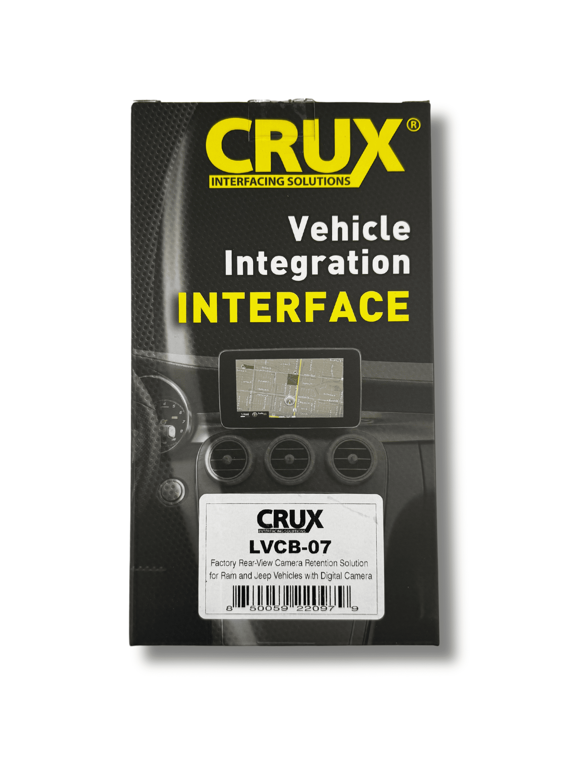 Crux LVCB-07 vehicle integration interface packaging with a rear-view camera display.